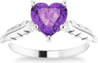 Pompeii3 7mm Amethyst Solitaire Heart Shape Leaf Accent Ring in 14k White or Yellow Gold