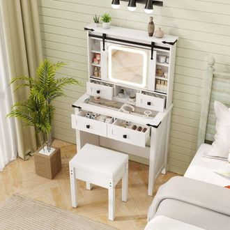 Costway Costway Makeup Vanity Desk Set Wooden Dressing Table & Stool w/Mirror & Lights in White