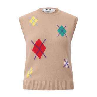 Msgm Round-neck Knitwear, female, Brown, Size: XL Retro Checkered Sleeveless Sweater