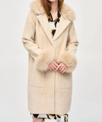 Joseph Ribkoff Detachable Faux Fur Trim Long Sleeve Coat In Champagne