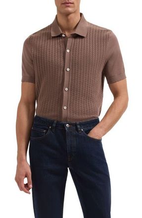 Bugatchi Basket Weave Knit Short Sleeve Cotton Full Button Cardigan in Tobacco at Nordstrom, Size Xx-Large