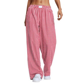 Generic Womens Striped Gingham Boxer Pants, Lounge Pajama, Casual Plaid Trousers, Y2K Fashion Beach Bottoms with Pockets (Red,XXL)