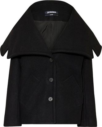 Jacquemus Zwarte Wollen Jas met Gedrapeerd Kraag - Dames - Zomerjassen - Zwart - XL - Wol - Jassen