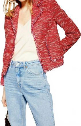 Topshop Jersey Boucle Fringe Blazer Jacket In Red