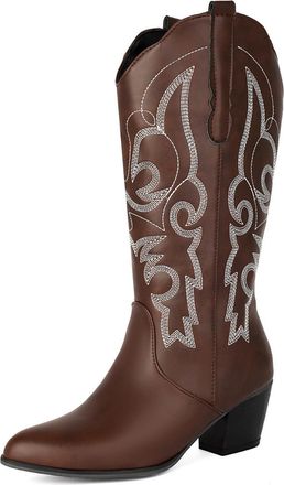 Generic Womens Western Cowboy Knee-High Boots with Rhinestone Embroidery Pointed Toe Low Block Heels PU Leather Comfortable Anti-Slip Wear-Resistant for Daily