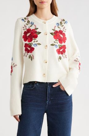 Farm Rio Embroidered Flowers Wool Cardigan in Cream at Nordstrom, Size Medium