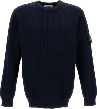 Stone Island Round-neck Knitwear, male, Blue, Size: S Ribbed Soft Cotton Crewneck