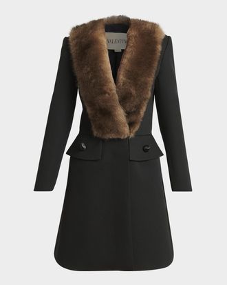Valentino Garavani Faux Fur Lapel Tailored A-Line Coat