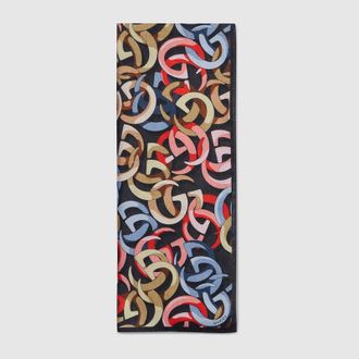 Gucci Double G Cotton Silk Jacquard Stole, Blue, Wool