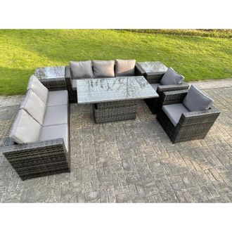 Fimous Fimous 8 Seater Outdoor Rattan Garden Furniture Adjustable Rising Lifting Table Armchairs Dark Grey Mixed
