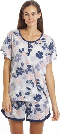 Camille Womens Floral Leaf Jersery Short Pyjama Set - Ladies Stylish Lightweight & Breathable Pyjamas with Elasticated Shorts for Comfort and Style Grey 14-16