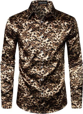 PARKLEES Mens Hipster Leopard Printed Silk Like Satin Button Up Dress Shirt for Party Prom Brown XXL