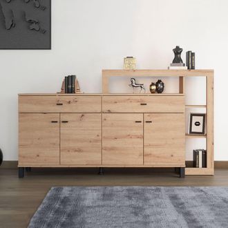 Dmora Aparador Chefch, Alacena 2 Cajones, 5 Estantes, Apertura Abatible, Corredera, 183x35x101h Cm Marr&oacute;n Roble Nodoso