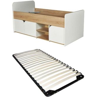 Vente-Unique Letto 90 x 190 cm con vani contenitore - Colore: Naturale e bianco + Rete a doghe - LOSTYA