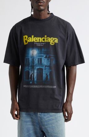 Balenciaga Medium Fit Distressed The Address Graphic T-Shirt in Faded Washed Black at Nordstrom, Size Xx-Large