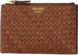 Prada Womens Woven Leather Card Case Brown Cases