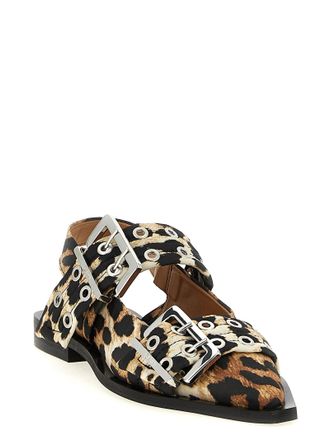 Ganni Leopard-Print Satin Buckle Slingback Flat - Leopard