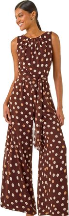 Roman Womens Spot Print Chiffon Belted Jumpsuit - Brown - Size 20 UK