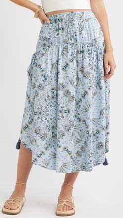 Treasure & Bond Scarf Print Drop Waist Midi Skirt in Blue- Olive Scarf Floral at Nordstrom, Size Xx-Small