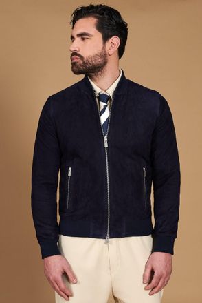 D'Arienzo Giacca Bomber in pelle camoscio blu due tasche DArienzo, Seleziona Taglia 48, Colore Blu