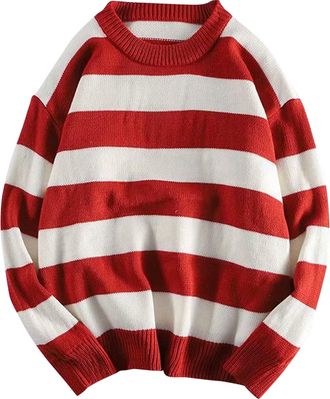 Generic Knitted Jumper Mens Striped Ribbed Edge Sweaters Long Sleeve Crew Neck Fleece Sweater Loose Fit Casual Stylish Knitwear Soft Warm Sweatshirts Winterpu