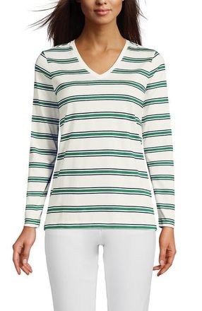 Lands End Supima Cotton Long Sleeve V-Neck T-Shirt in Ivory/true Green Stripe at Nordstrom, Size X-Large