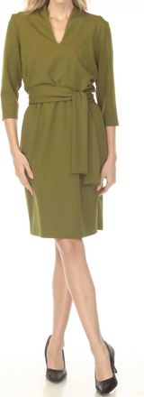 Joseph Ribkoff Belted V-Neck 3/4 Sleeve Dress In Artichoke Green