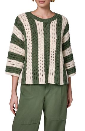 DKNY Vertical Stripe Open Stitch Cotton Sweater in Verde/Crea at Nordstrom, Size X-Large