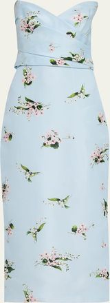 Monique Lhuillier Strapless Posie Print Silk Midi Cocktail Dress
