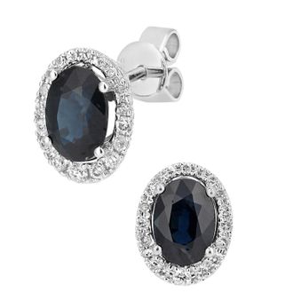 Diamant L'éternel Womens 9ct White Gold Diamond and Sapphire Gemstone Oval Cut Stud Earrings - One Size