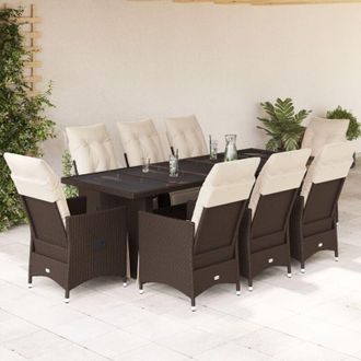 vidaXL Set De Mesa Y Sillas Jard&iacute;n 9 Piezas Y Cojines Rat&aacute;n Pe Marr&oacute;n Vidaxl