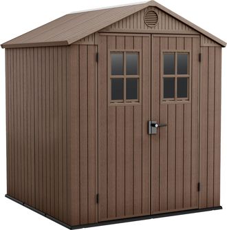 Keter Darwin 6x6 - Caseta De Jard&iacute;n 190x221x183 Cm Con 2 Puertas Para Almacenamiento De Herramientas Acabado Efecto Madera Evotech+ En Resina Marr&oacute;n