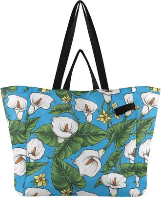 Generic Tropical Flowers Leaves Blue pattern Reusable Canvas Tote Bag, Heavy Duty Grocery Shopping Bag with Double Handles Hard Bottom Large Capacity Work Gro