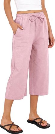 Generic Capri Pants for Women UK Cotton Linen Summer Cropped Trousers Trendy 2026 Elastic Waist Palazzo Wide Leg Pants with Pockets Lounge Yoga Beach 3/4 Leng