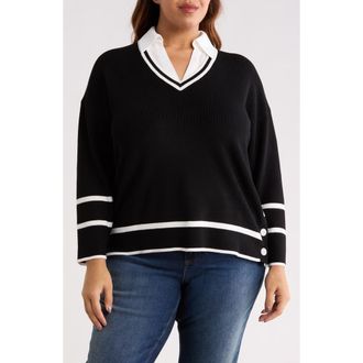 Adrianna Papell V-Neck Twofer Sweater Top in Black/Ivory at Nordstrom Rack, Size 2X