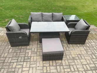 Fimous Wicker PE Rattan Outdoor Garden Furniture Set Adjustable Rising lifting Dining Table With Armchair Footstool in Dark Grey