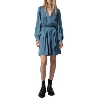 Zadig&Voltaire Remember Long Sleeve Faux Wrap Satin Minidress in Bluestone at Nordstrom, Size Medium