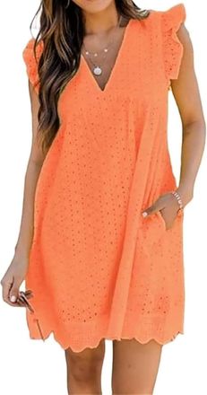 Generic California Romper Dress with Shorts, V-Neck Elegant Lace Short Skirt, Womens Ruffle Sleeve Sexy Casual Flowy Dresses (Orange,XL)