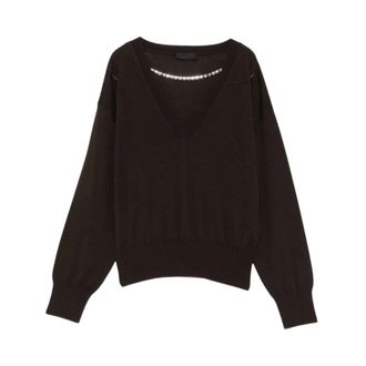 Liu Jo Wol V-hals Trui met Strass Ketting - Dames - V-hals truien - Bruin - M - Wol - Truien & Vesten