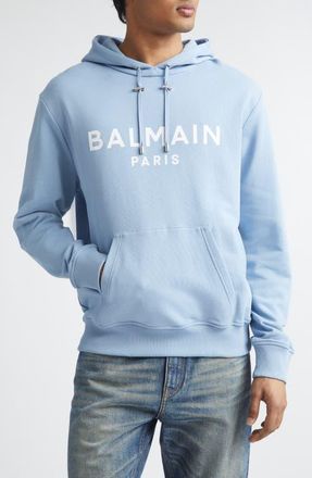 Balmain Organic Cotton Logo Graphic Hoodie in Slj Pale Blue/White at Nordstrom, Size X-Large