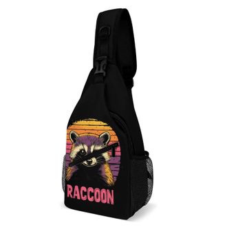 Generic Raccoon Vintage Sunset Unisex Shoulder Bags Casual Crossbody Chest Bag Sling Backpack for Hiking Cycling Travel