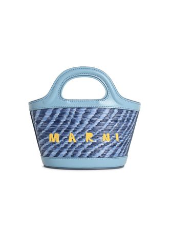 Marni Micro Tropicalia tas in lichtblauw leer en stof met raffia-effect