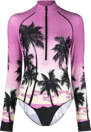 Palm Angels Sunset-print long-sleeved swimsuit - women - Polyester/Elastane - M - Purple