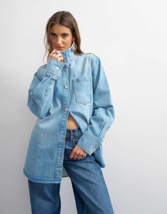 Topshop Camicia giacca in denim candeggiato con collo a imbuto-Blu