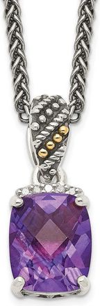 Diamond2Deal Sterling Silver with 14K Accent Diamond and Cushion Amethyst Pendant Necklace