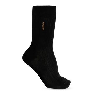 Versace Socks, male, Black, Size: L Embroidered Cotton Ribbed Socks