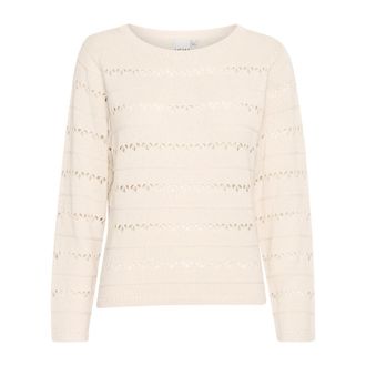 Ichi Vrouwelijke Gebreide Trui met Boothals - Dames - Ronde hals truien - Beige - 2XL - Katoen - Truien & Vesten