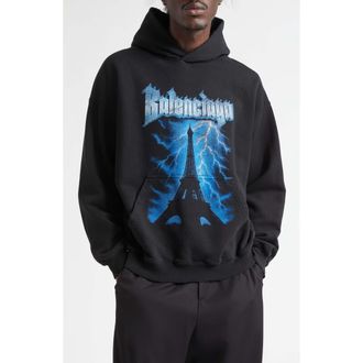 Balenciaga Paris Thunderstorm Medium Fit Dry Fleece Graphic Hoodie in 1000 Black at Nordstrom, Size Xx-Large