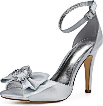 Generic Wedding Shoes Women Open Toe Stiletto High Heeled Sandals High Heels Satin Bridal Shoes for Prom, Party, Daily 10.5Cm,Silver,5 UK