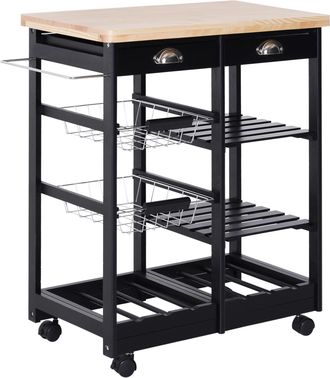 HOMCOM Carrito Auxiliar Con Ruedas Carrito Verdulero Carro De Cocina Con 2 Cajones 2 Cestas Y 2 Estantes Para Comedor 74x37x76 Cm